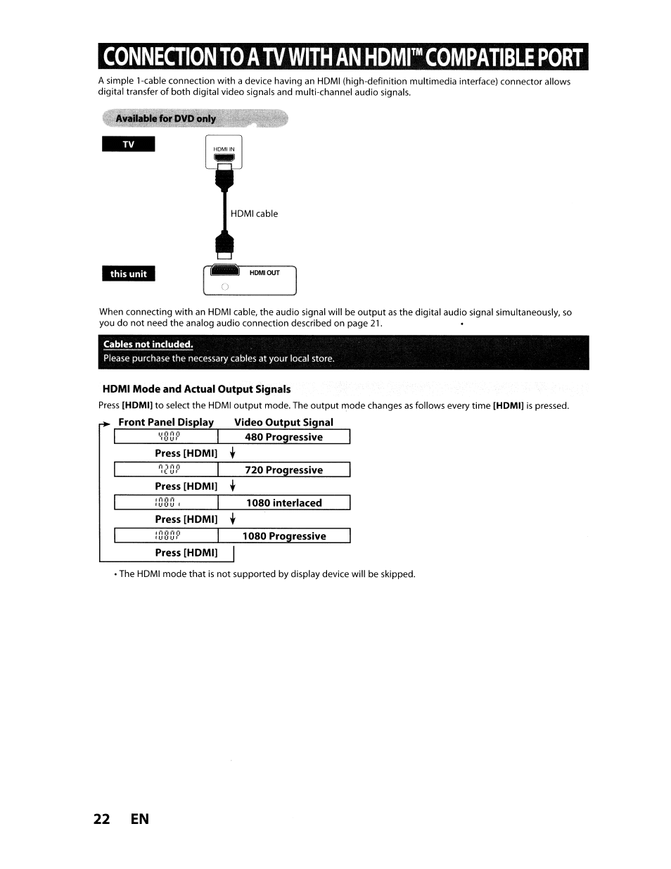Available for dvd only, Hdmi mode and actual output signals, Press [hdmi | Conneqion to a tv with an hdmr compatible port, 22 en | Toshiba D-VR610KU User Manual | Page 22 / 117