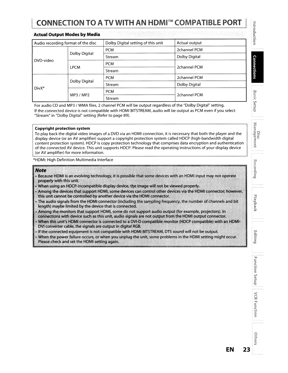 Actual output modes by media, Copyright protection system, Connection to a tv with an homi™ compatible port | En 23 | Toshiba D-VR610KU User Manual | Page 23 / 117
