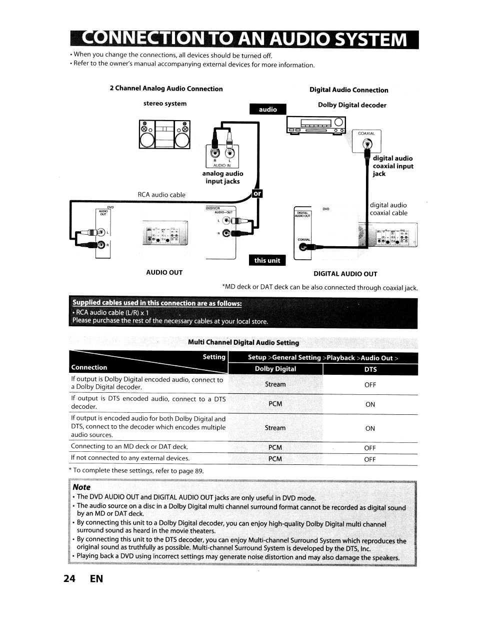 2 channel analog audio connection stereo system, Multi channel digital audio setting, Setup >general setting >playback >audio out | Nnection to an audio system, 24 en | Toshiba D-VR610KU User Manual | Page 24 / 117