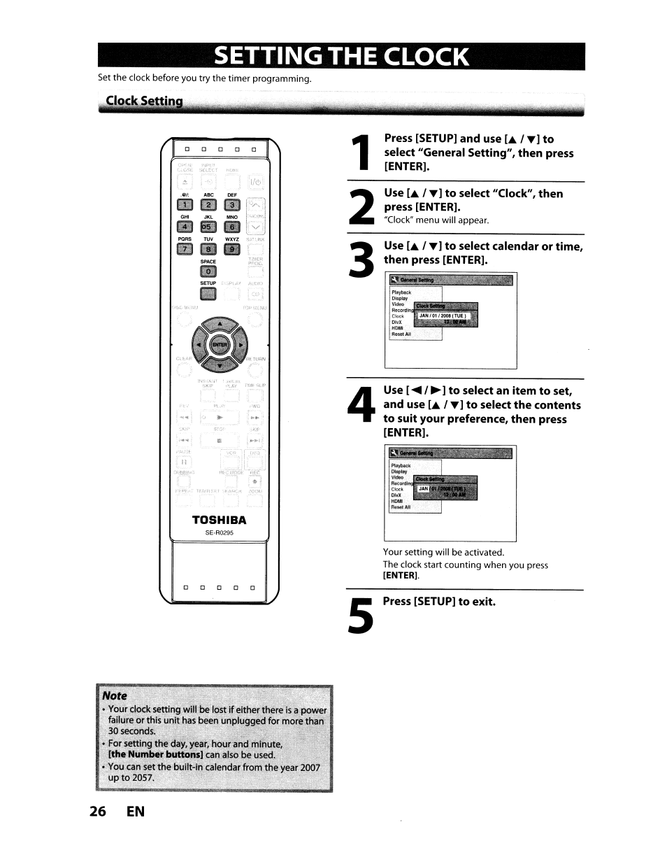 Setting the clock | Toshiba D-VR610KU User Manual | Page 26 / 117