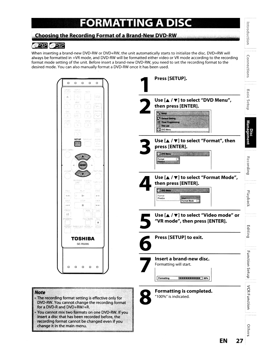 Press [setup, Use [a / t] to select "format", then press [enter, Press [setup] to exit | Insert a brand-new disc, Formatting is completed, Formatting a disc | Toshiba D-VR610KU User Manual | Page 27 / 117