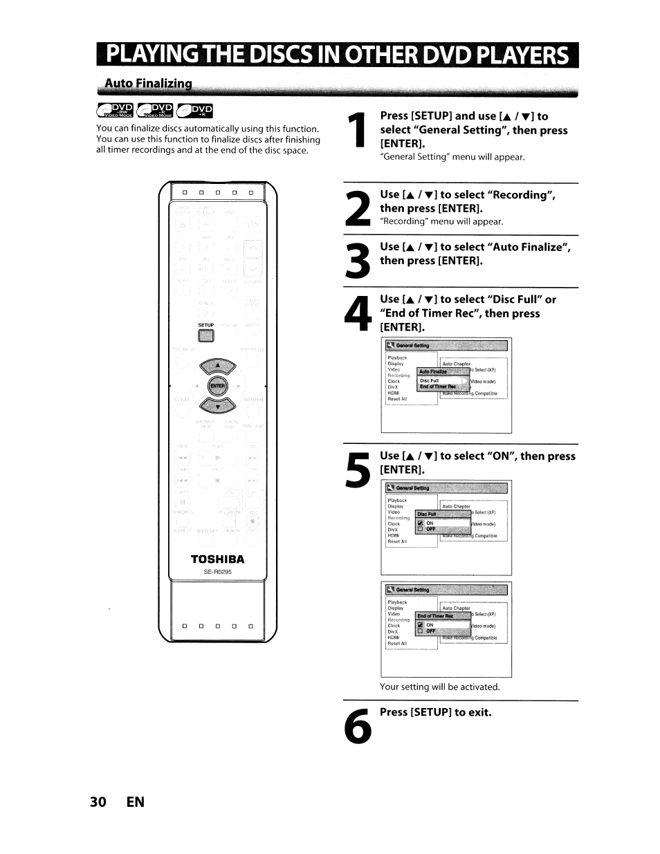 Playing the discs in other dvd players | Toshiba D-VR610KU User Manual | Page 30 / 117