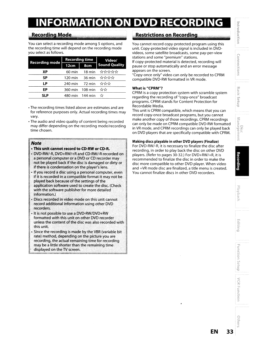 Information on dvd recording, Recording mode restrictions on recordin, En 33 | Toshiba D-VR610KU User Manual | Page 33 / 117