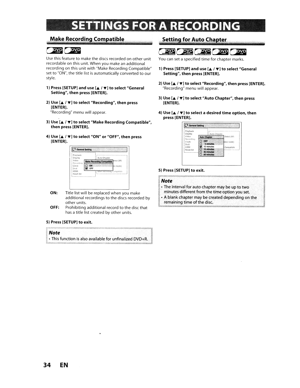 Settings for a recording, Make recording compatible, Setting for auto chapter | 34 en | Toshiba D-VR610KU User Manual | Page 34 / 117
