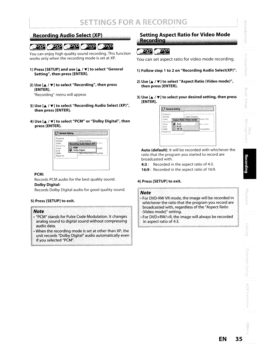 Recording audio select (xp), Setting aspect ratio for video mode, En 35 | Disx, Pife'lralièccabinaltf | Toshiba D-VR610KU User Manual | Page 35 / 117