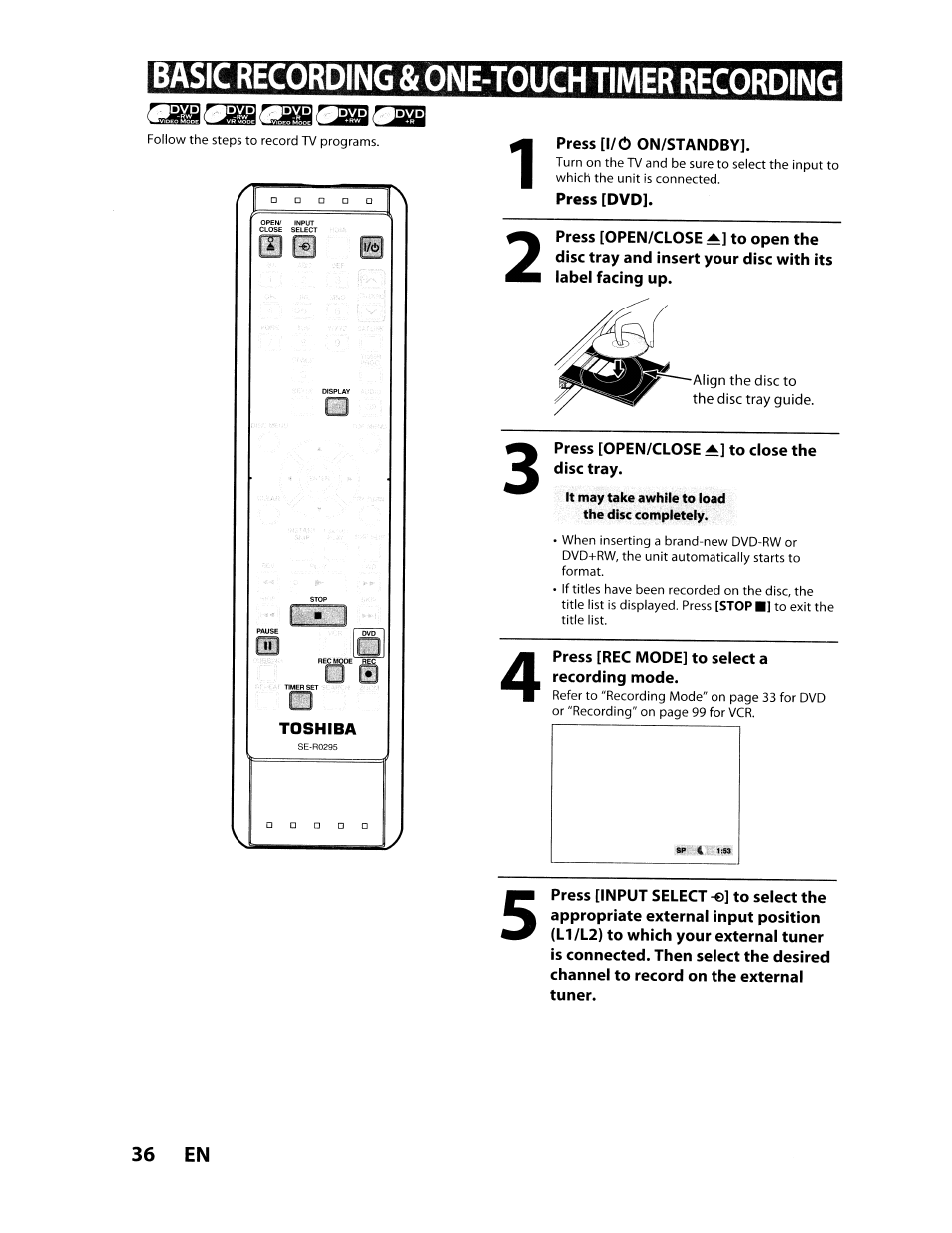 Basic recording & one-touch timer recording | Toshiba D-VR610KU User Manual | Page 36 / 117