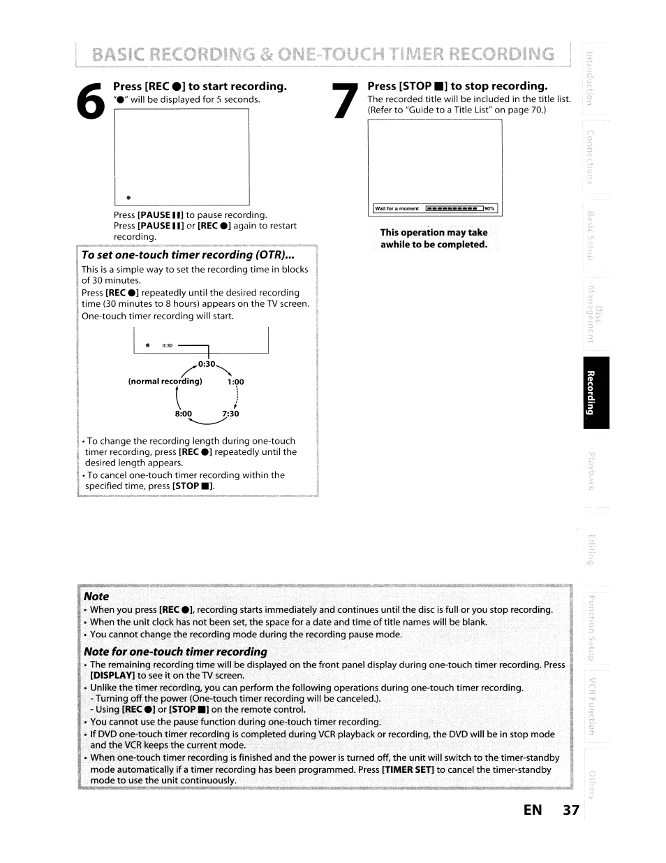 Press [rec •] to start recording, This operation may take awhile to be completed | Toshiba D-VR610KU User Manual | Page 37 / 117