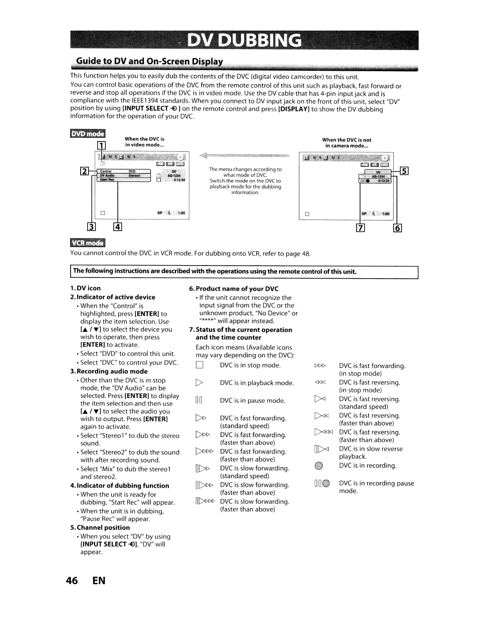 Dv icon, Indicator of active device, Recording audio mode | Indicator of dubbing function, Channel position, V dubbing, Guide to dv and on-screen display, 46 en | Toshiba D-VR610KU User Manual | Page 46 / 117