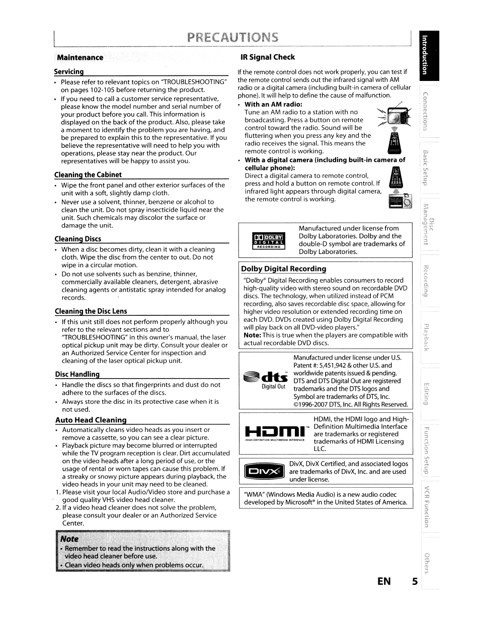 Ir signal check, Precautions, Homi | Toshiba D-VR610KU User Manual | Page 5 / 117