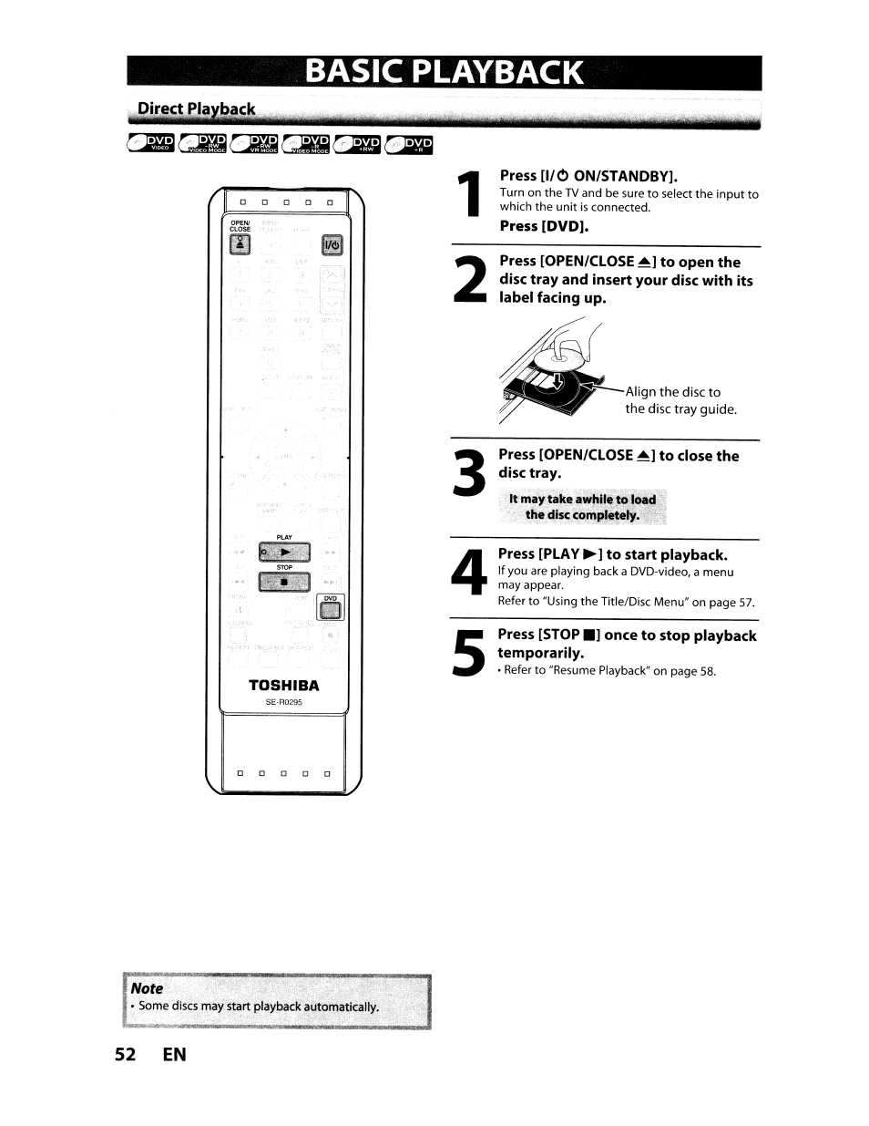 Press [i/o on/standby, Press [dvd, Press [open/close to close the disc tray | Press [play ►] to start playback, Press [stop ■] once to stop playback temporarily, Basic playback | Toshiba D-VR610KU User Manual | Page 52 / 117