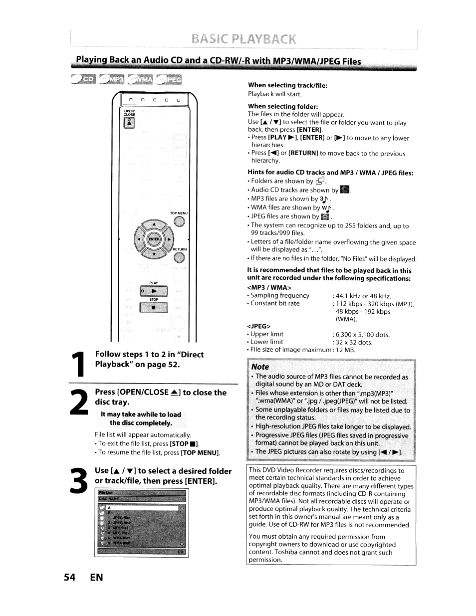 Press [open/close to close the disc tray, When selecting track/file | Toshiba D-VR610KU User Manual | Page 54 / 117