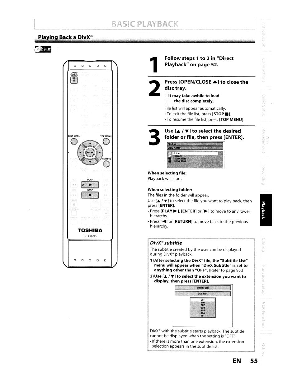 Press [open/close to close the disc tray, When selecting file, When selecting folder | Toshiba D-VR610KU User Manual | Page 55 / 117