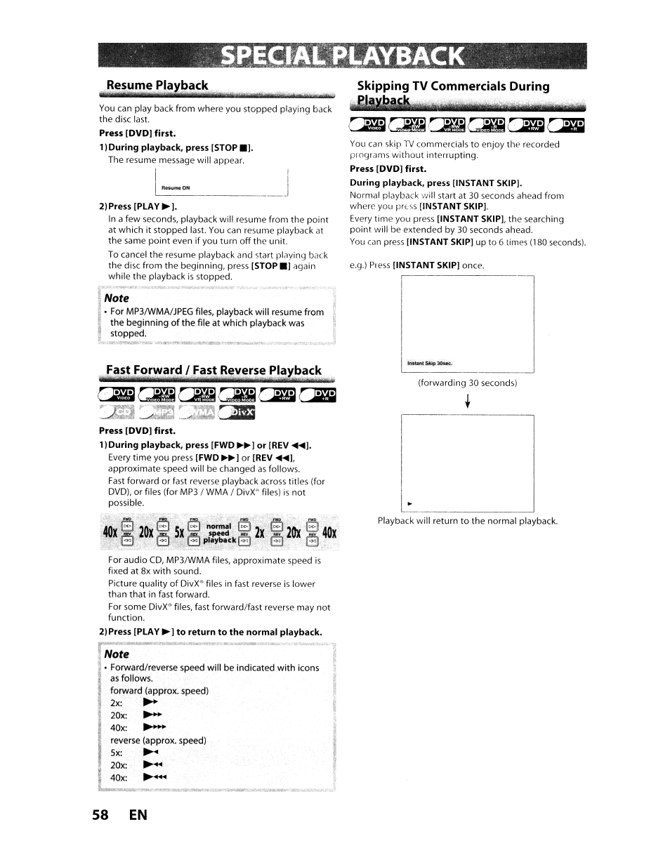 1) during playback, press [stophj, 2)press [play, Press [dvd] first | 1) during playback, press [fwd ►►] or [rev, 40xs20x, 2)press [play ►] to return to the normal playback, 58 en | Toshiba D-VR610KU User Manual | Page 58 / 117