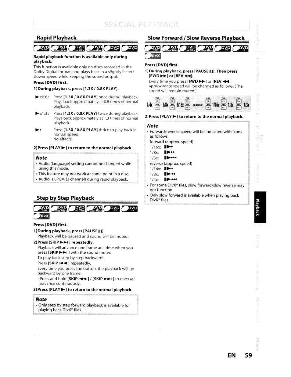 1) during playback, press [1.3x / 0.8x play, 2) press [play ►] to return to the normal playback, Press [dvd] first | 1) during playback, press [pause 11, 2) press [skip^m ] repeatedly, 3) press [play ►] to return to the normal playback, En 59 | Toshiba D-VR610KU User Manual | Page 59 / 117