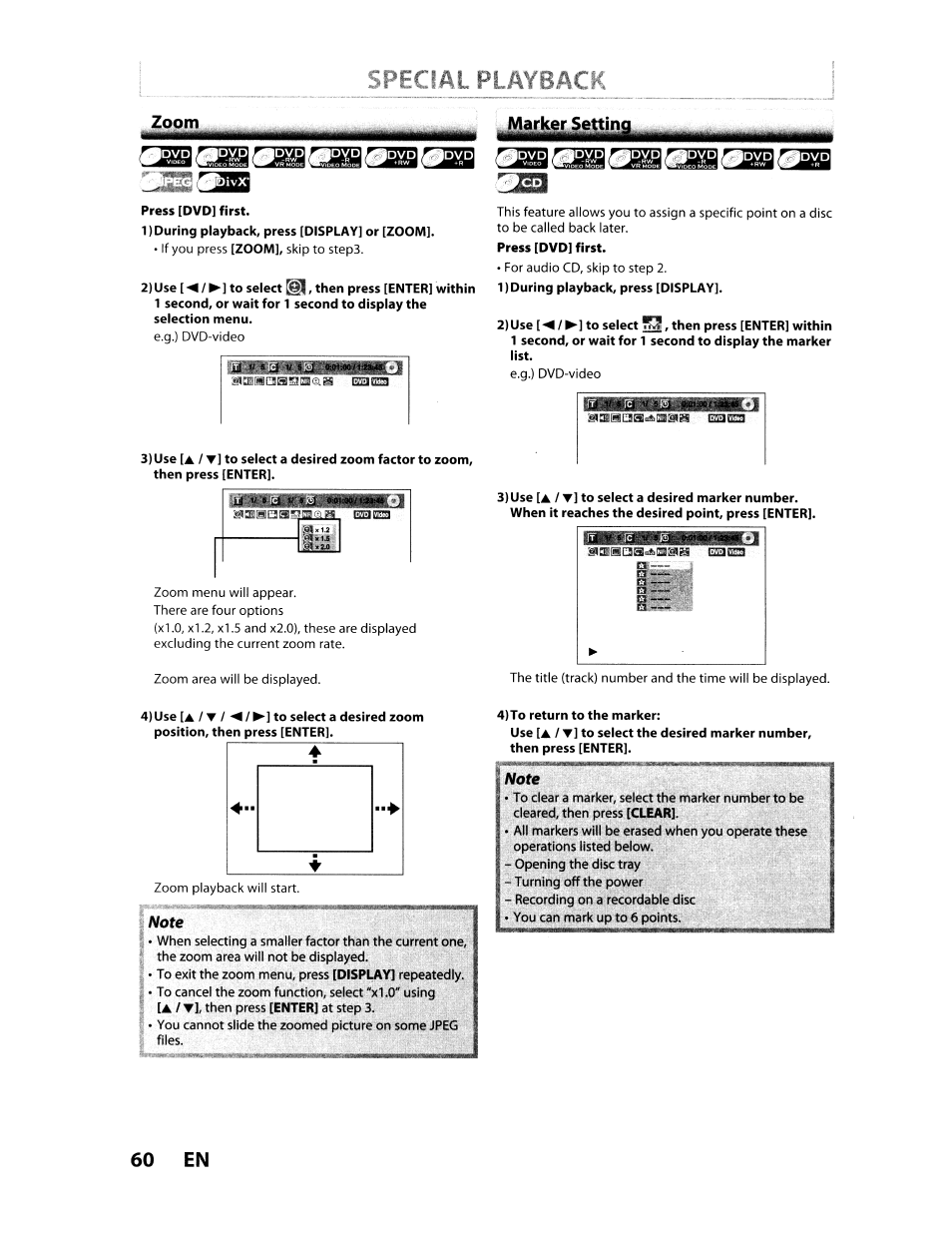 Press [dvd] first, 1) during playback, press [display] or [zoom, 4) use [a / t / ◄ / ►] to select a desired zoom | 1) during playback, press [display, 4)to return to the marker, Pecfal piay8ao, 60 en, Marker settinr | Toshiba D-VR610KU User Manual | Page 60 / 117
