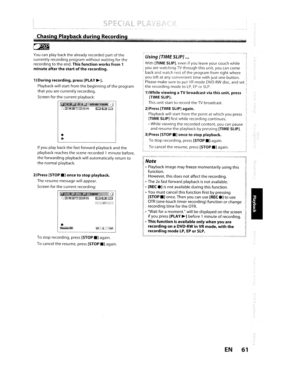 1)during recording, press [play, 2) press [stop ■] once to stop playback, 2) press [time slip] again | 3) press [stop ■] once to stop playback, En 61, Chasing playback during recording | Toshiba D-VR610KU User Manual | Page 61 / 117