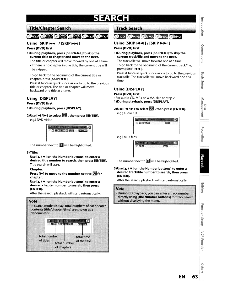 Using [skip 1-^ ] / [skip, Using [display, Using [skip ] / [skip | Search, En 63 | Toshiba D-VR610KU User Manual | Page 63 / 117