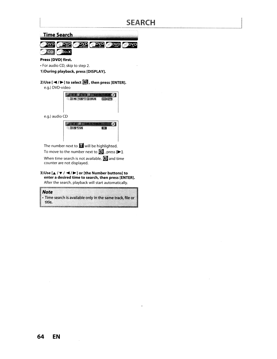 Press [dvd] first, 1) during playback, press [display, Search | 64 en | Toshiba D-VR610KU User Manual | Page 64 / 117