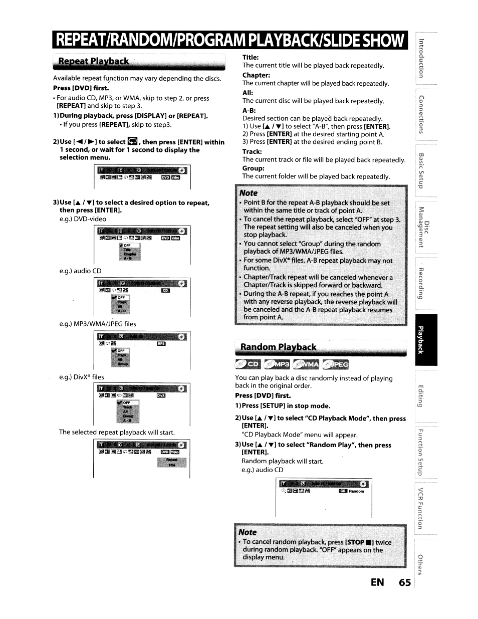 1) during playback, press [display] or [repeat, Title, 1) press [setup] in stop mode | Repeat/random/program playback/slide show, En 65 | Toshiba D-VR610KU User Manual | Page 65 / 117