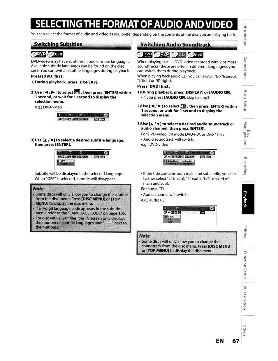 1) during playback, press [display, 1) during playback, press [display] or [audio ggd, Selecting the format of audio and video | En 67 | Toshiba D-VR610KU User Manual | Page 67 / 117