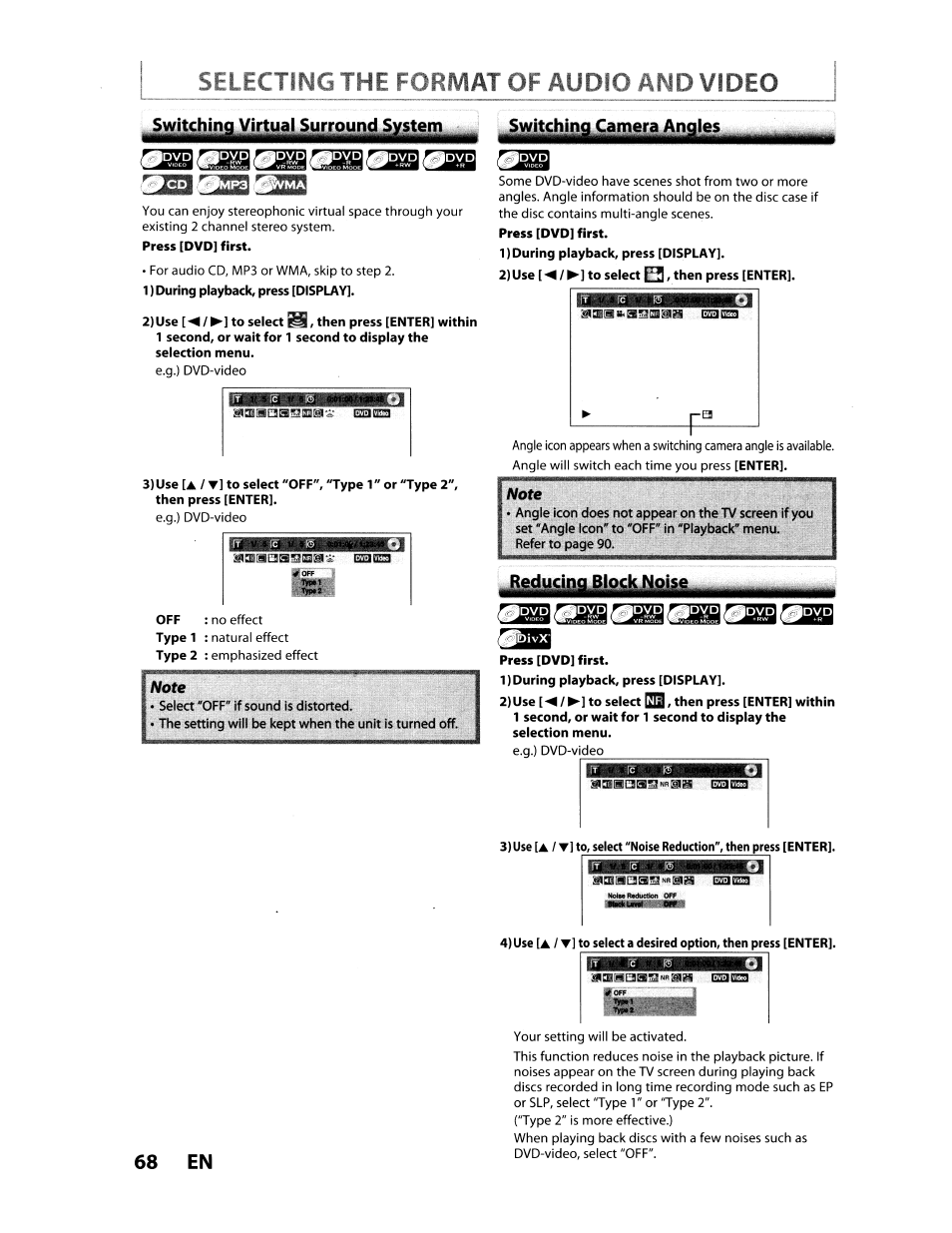 1) during playback, press [display, 2) use [/ ►] to select q, then press [enter, Selecting the format of audio and video | Iwitchinayirth^ljurround, 68 en | Toshiba D-VR610KU User Manual | Page 68 / 117