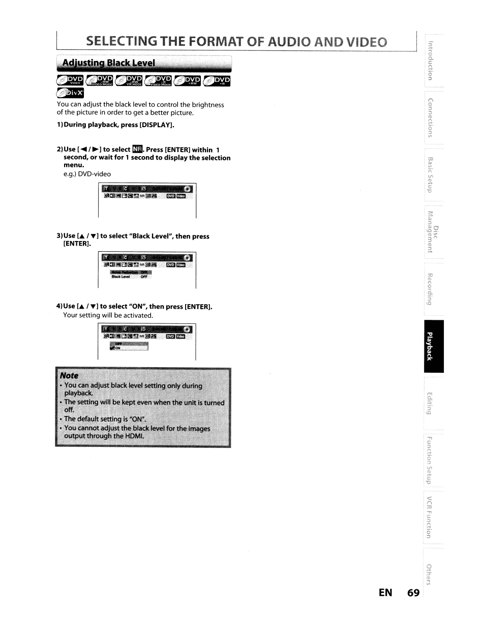 1) during playback, press [display, 4) use [a / ▼] to select "on", then press [enter, Selecting the format of audio and video | En 69, Mmmnm^rnmm mm | Toshiba D-VR610KU User Manual | Page 69 / 117