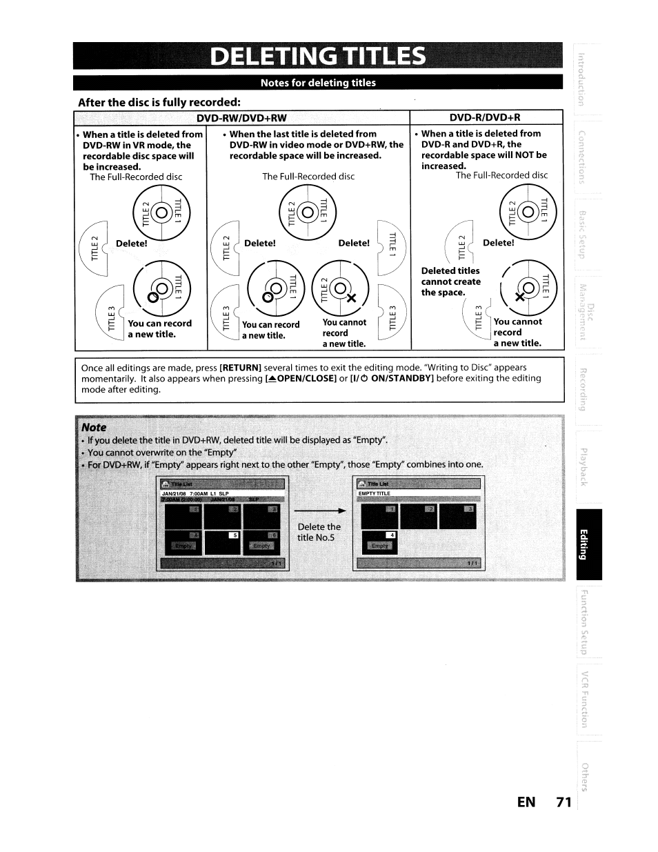 After the disc is fully recorded, Deleting title, En 71 | Toshiba D-VR610KU User Manual | Page 71 / 117