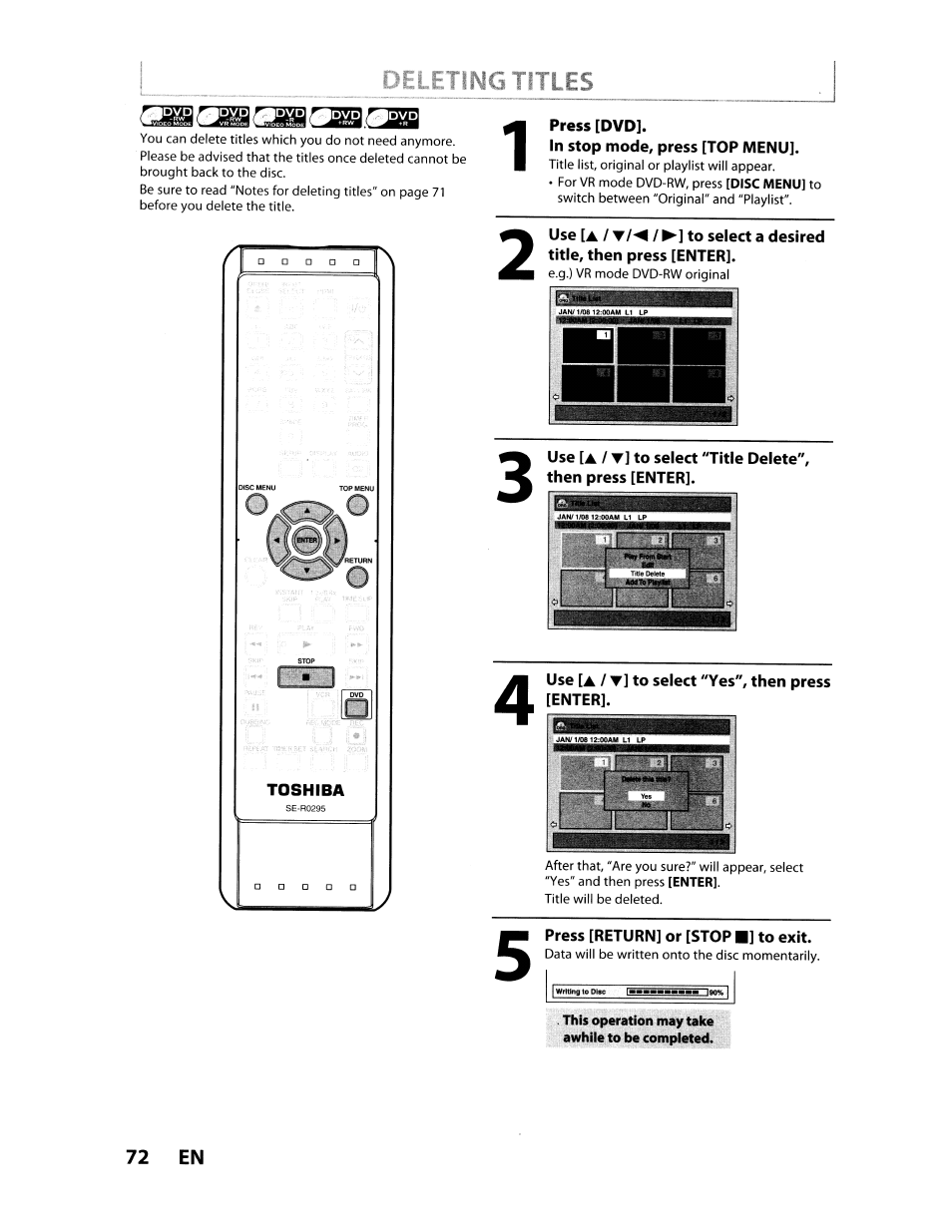 Press [dvd, In stop mode, press [top menu, Use [a / t] to select "yes", then press [enter | Press [return] or [stop ■] to exit | Toshiba D-VR610KU User Manual | Page 72 / 117
