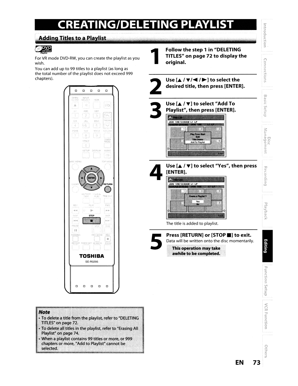 Use [a / / ►] to select the, Desired title, then press [enter, Press [return] or [stop ■] to exit | Use [a / ▼] to select "yes", then press, Creating/deleting playlist | Toshiba D-VR610KU User Manual | Page 73 / 117