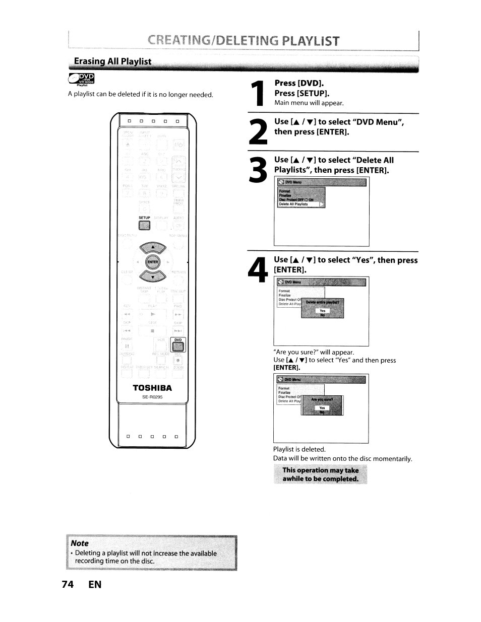 Press [dvd, Press [setup, Use [a / t] to select "yes", then press [enter | Ating/deletlng playlist | Toshiba D-VR610KU User Manual | Page 74 / 117