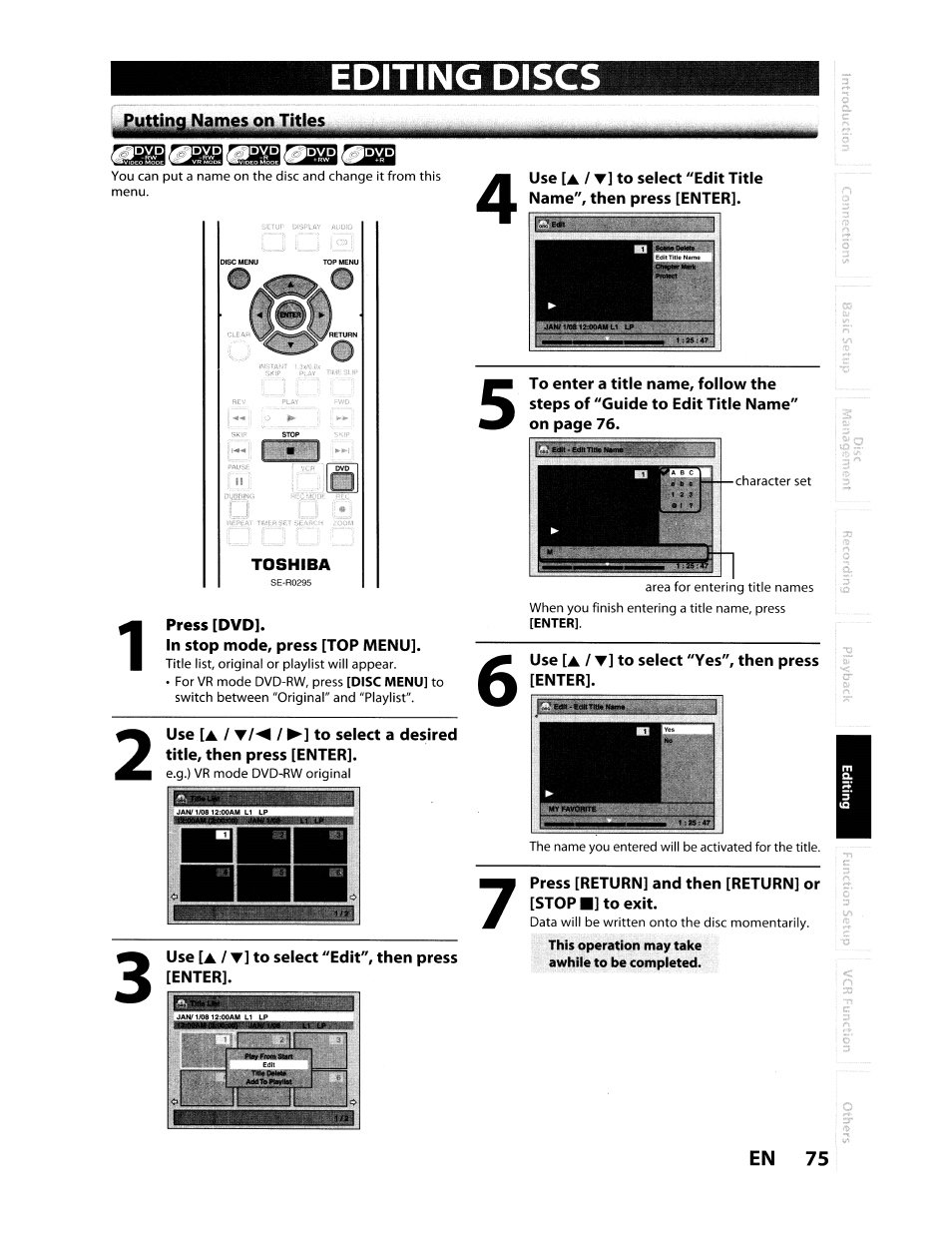 Editing discs, Ized | Toshiba D-VR610KU User Manual | Page 75 / 117