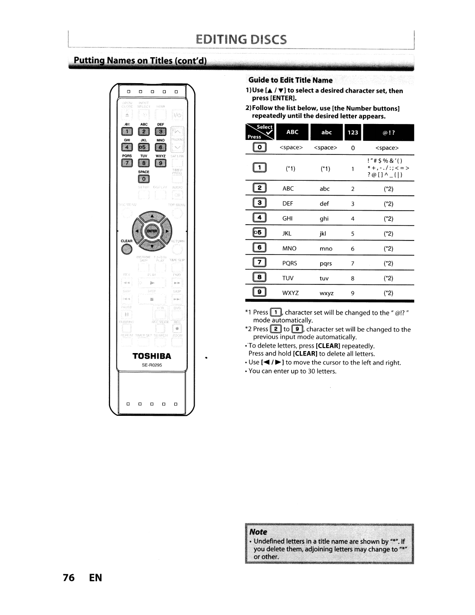 Guide to edit title name, Editing discs, I abc | 76 en, Toshiba | Toshiba D-VR610KU User Manual | Page 76 / 117