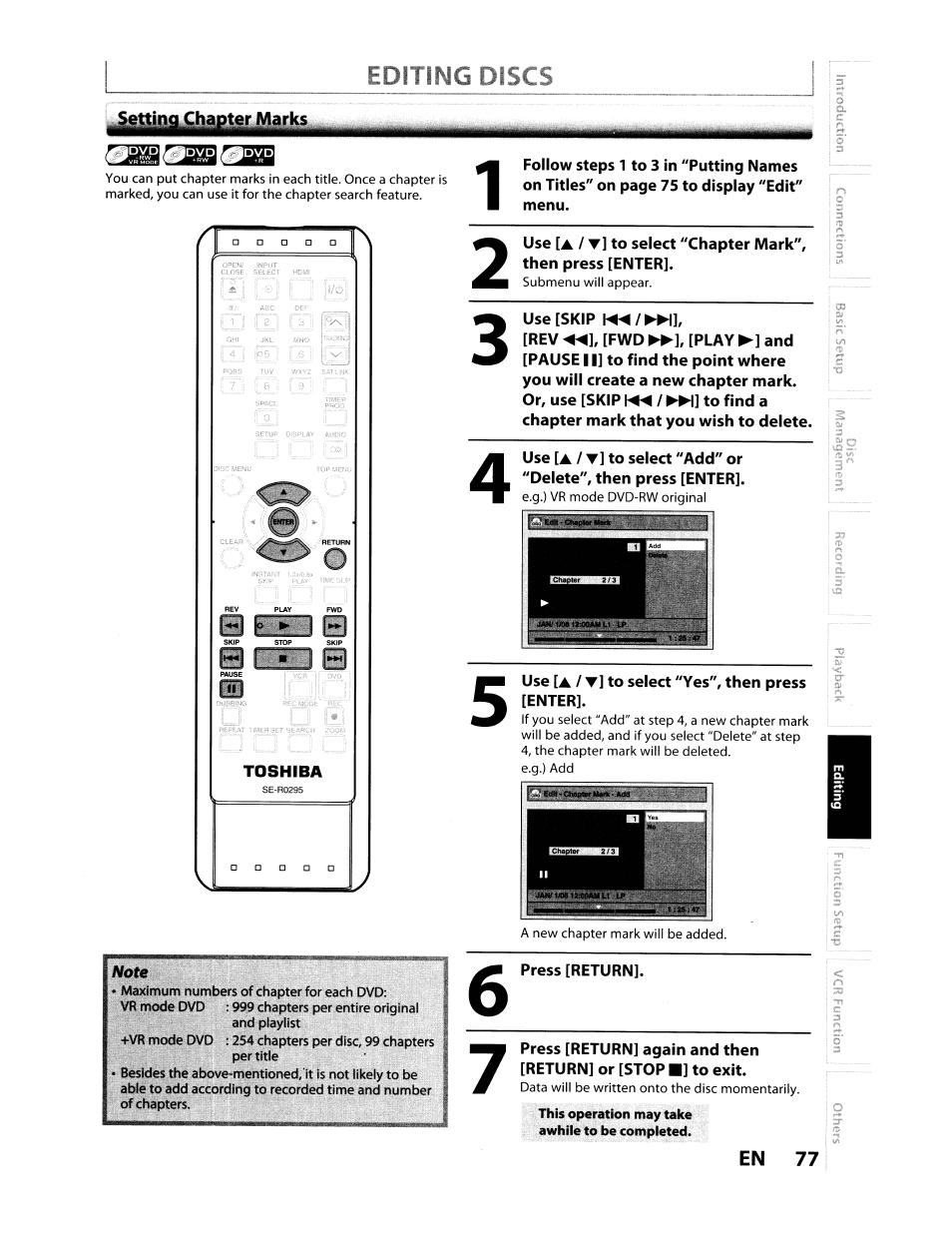 Oiagt, Editing discs | Toshiba D-VR610KU User Manual | Page 77 / 117