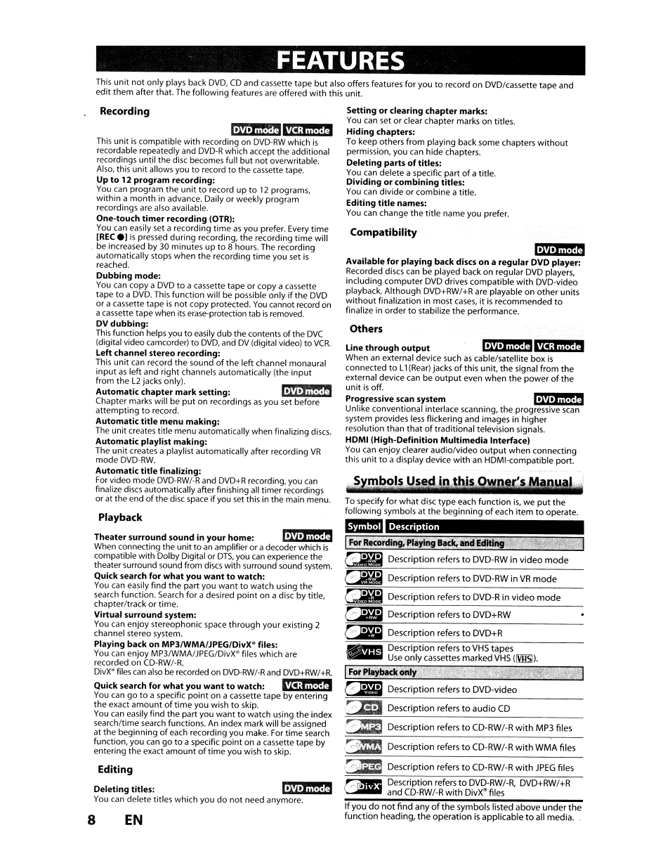 Features, Symbols used in this, Recording dvd mode | vcr mode | Editing, Dvd mode, Compatibility dvd mode, Others, Playback dvd mode, Vcr mode, Dvd mode | vcr mode | Toshiba D-VR610KU User Manual | Page 8 / 117