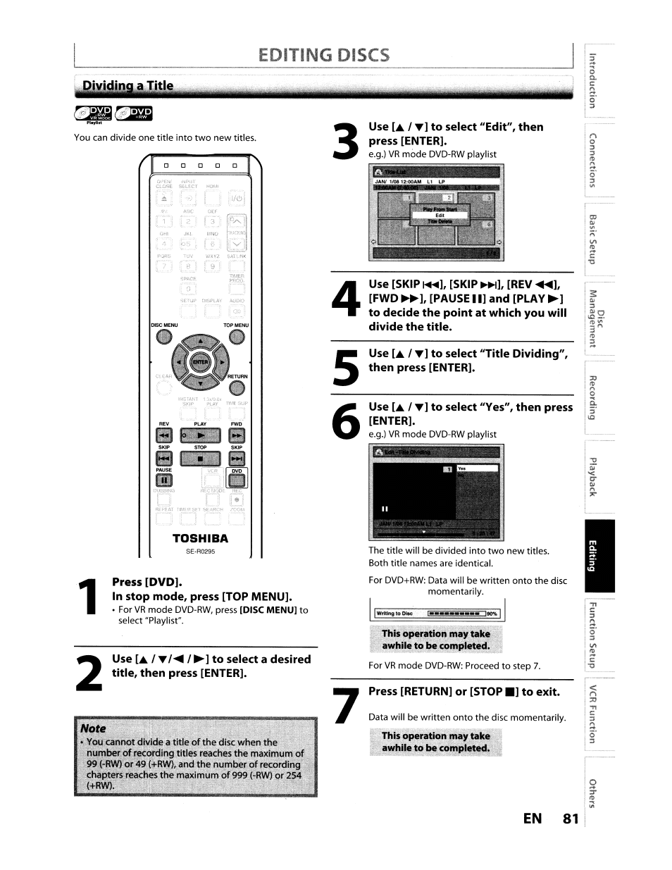 Editing discs | Toshiba D-VR610KU User Manual | Page 81 / 117