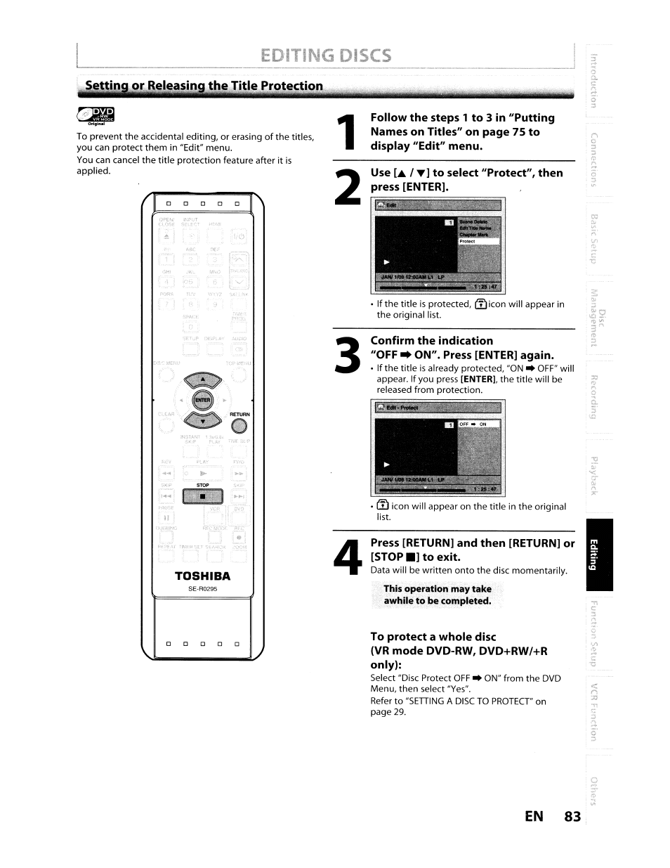 Use [a / t] to select "protect", then press [enter, Confirm the indication, Off on". press [enter] again | To protect a whole disc, Vr mode dvd-rw, dvd+rw/+r, Only) | Toshiba D-VR610KU User Manual | Page 83 / 117