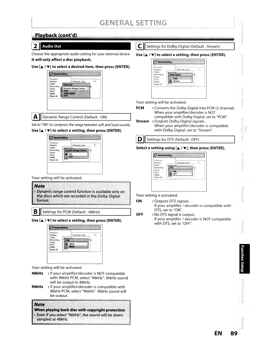 Audio out, Use [a / ▼] to select a setting, then press [enter, Select a setting using [a / t], then press [enter | En 89, T. .i, A / t | Toshiba D-VR610KU User Manual | Page 89 / 117