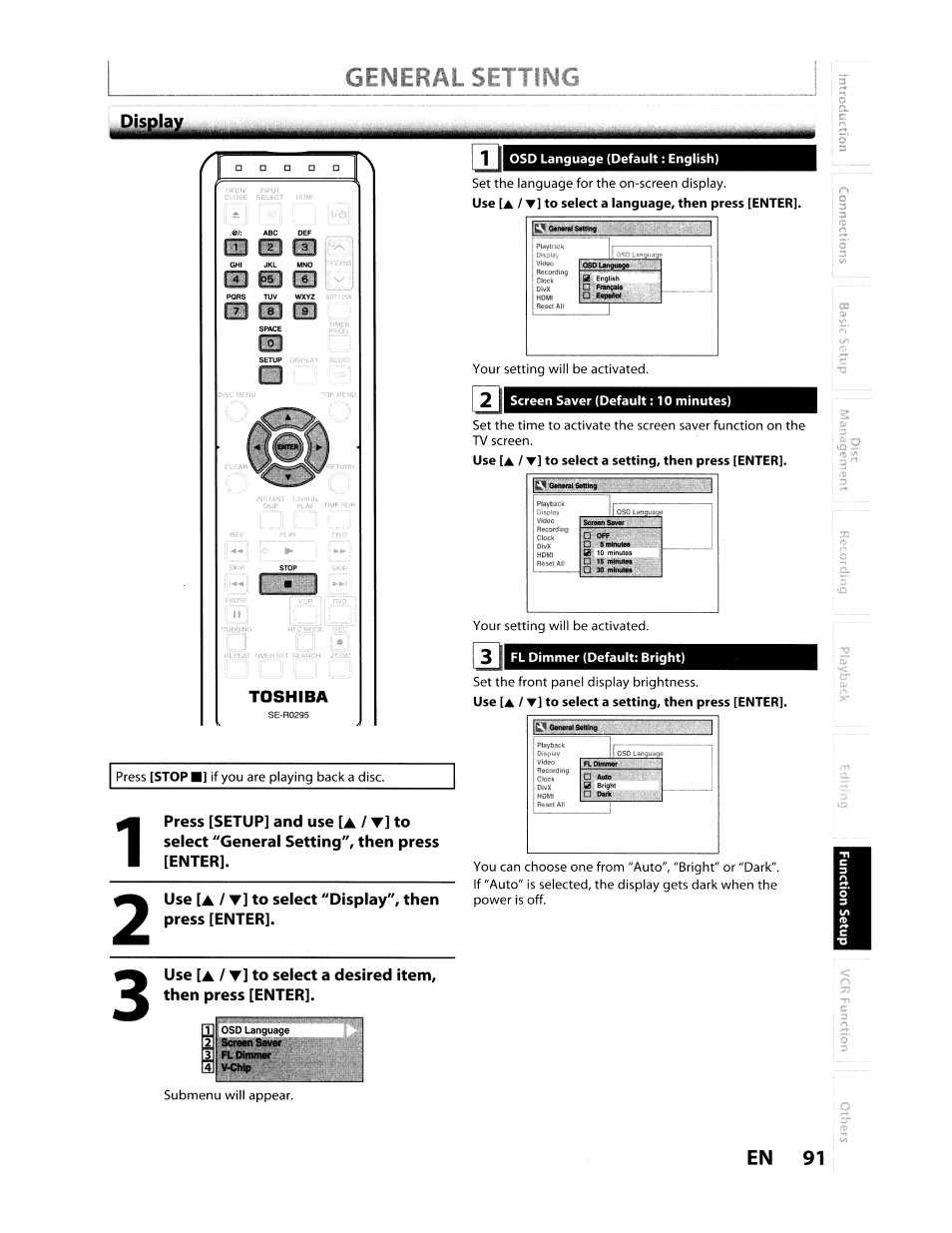 Use [a / t] to select "display", then press [enter, Osd language (default: english), Screen saver (default : 10 minutes) | En 91 | Toshiba D-VR610KU User Manual | Page 91 / 117