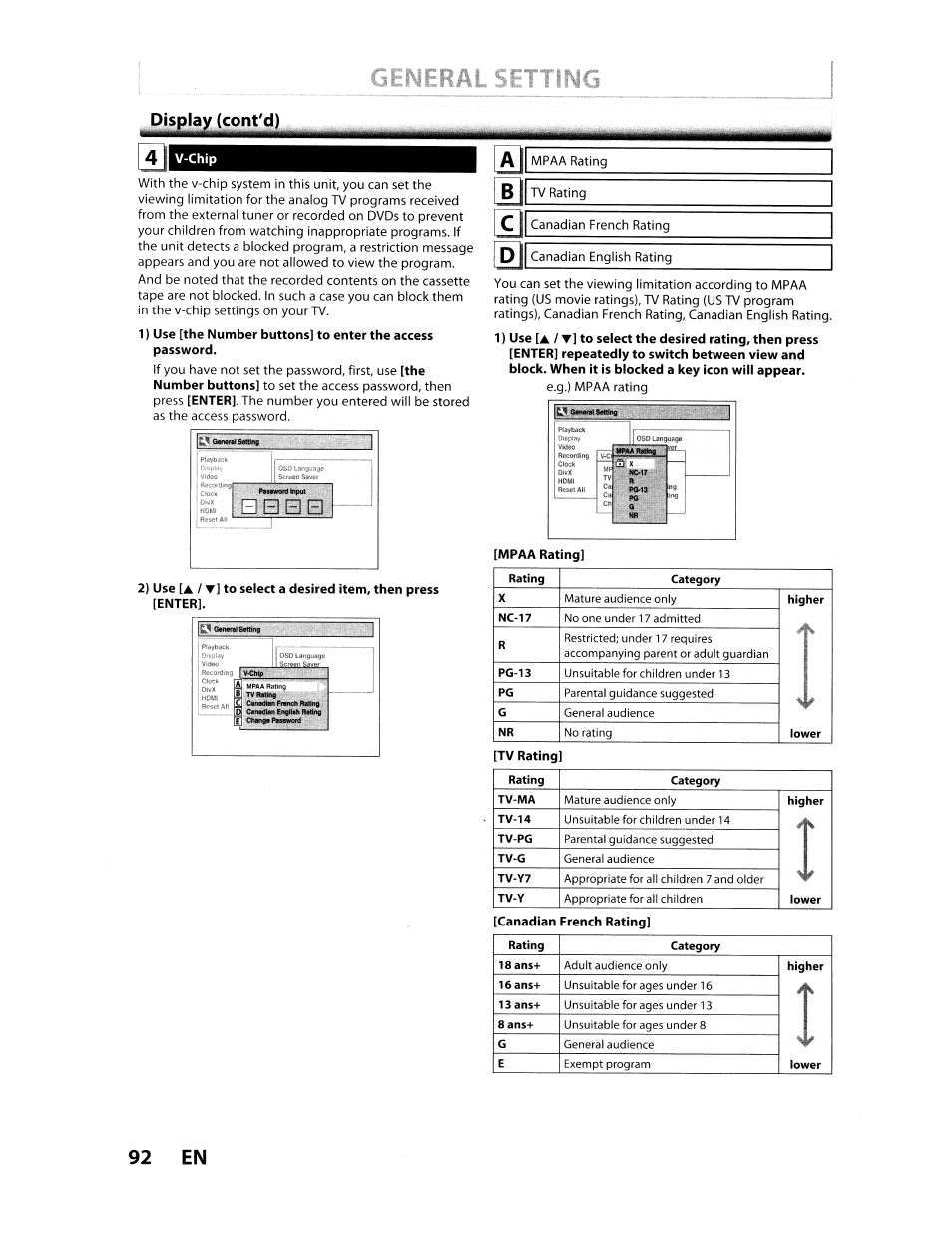 V-chip, 92 en, Display (cont'd) | B b e, A / t | Toshiba D-VR610KU User Manual | Page 92 / 117