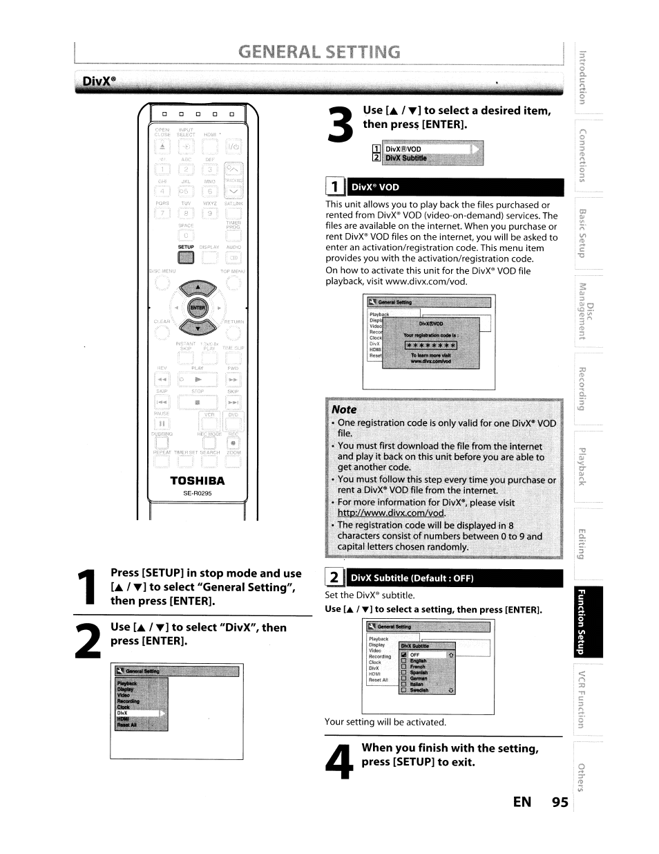 Divx® vod, Divx subtitle (default: off), En 95 | Toshiba D-VR610KU User Manual | Page 95 / 117