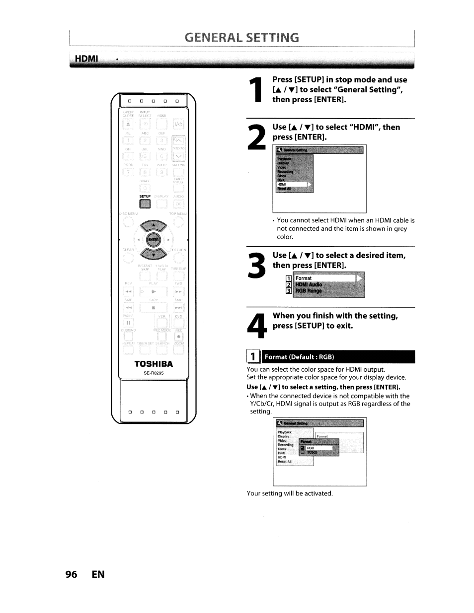 Format (default: rgb), General, Setting | Toshiba D-VR610KU User Manual | Page 96 / 117