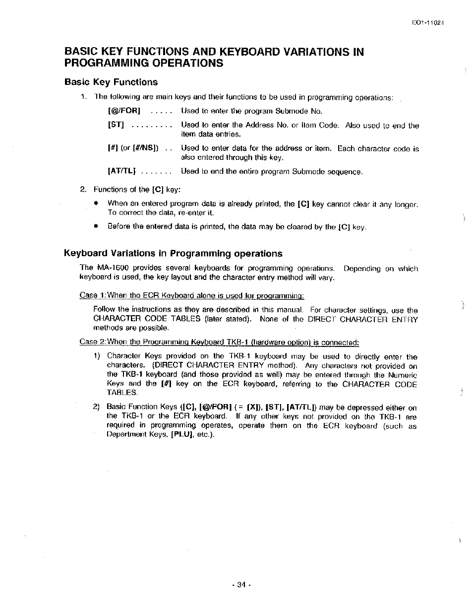 Basic key functions, Keyboard variations in programming operations | Toshiba TEC MA-1600-100 User Manual | Page 104 / 157