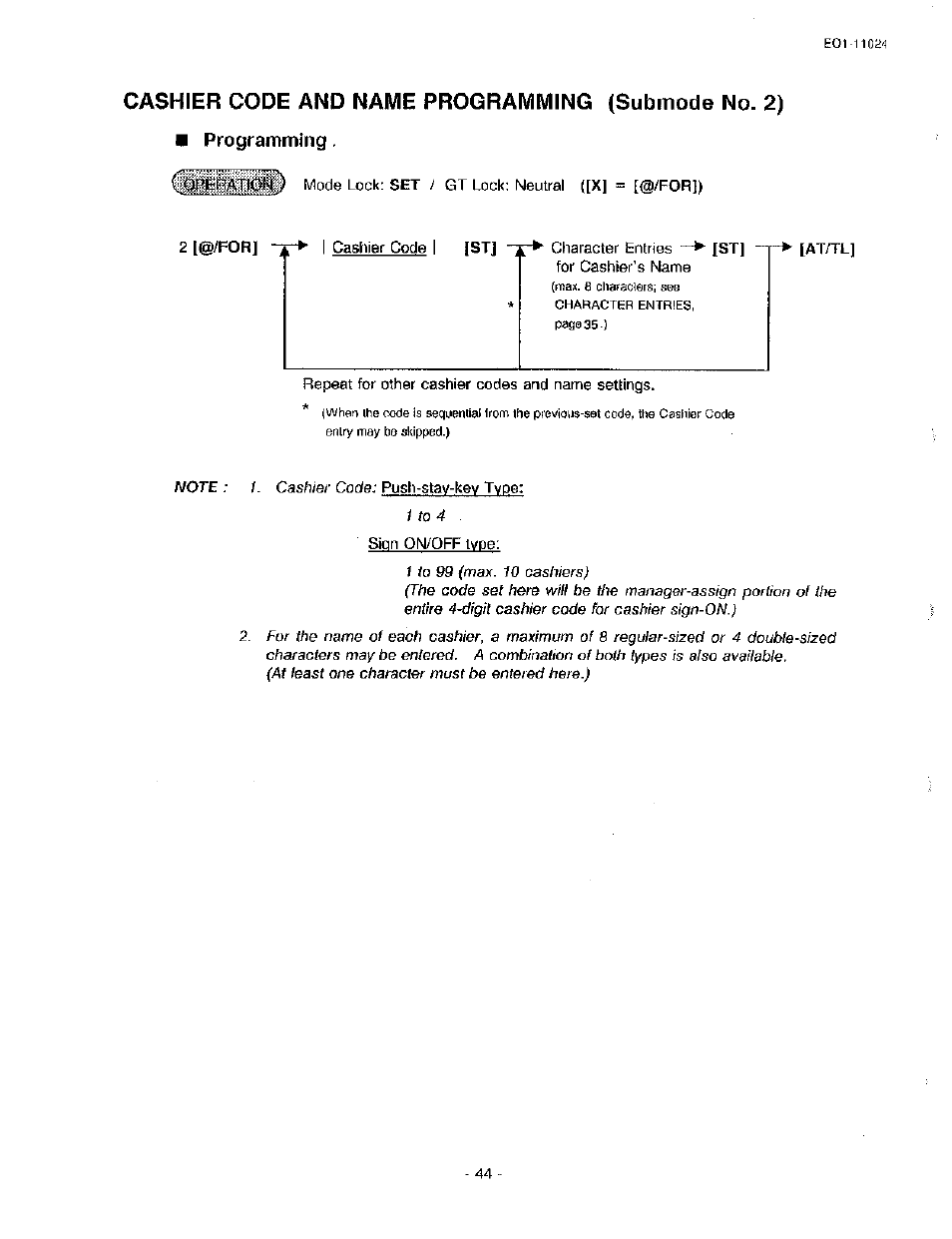 Cashier code and name programming (submode no. 2), Programming | Toshiba TEC MA-1600-100 User Manual | Page 114 / 157