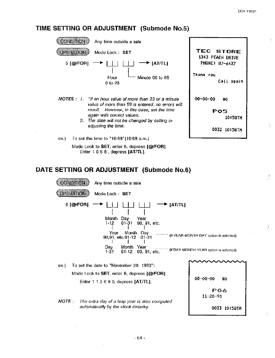 Time setting or adjustment (submode no.5), Date setting or adjustment (submode no.6), Ii i | Ljj lu l±j | Toshiba TEC MA-1600-100 User Manual | Page 124 / 157