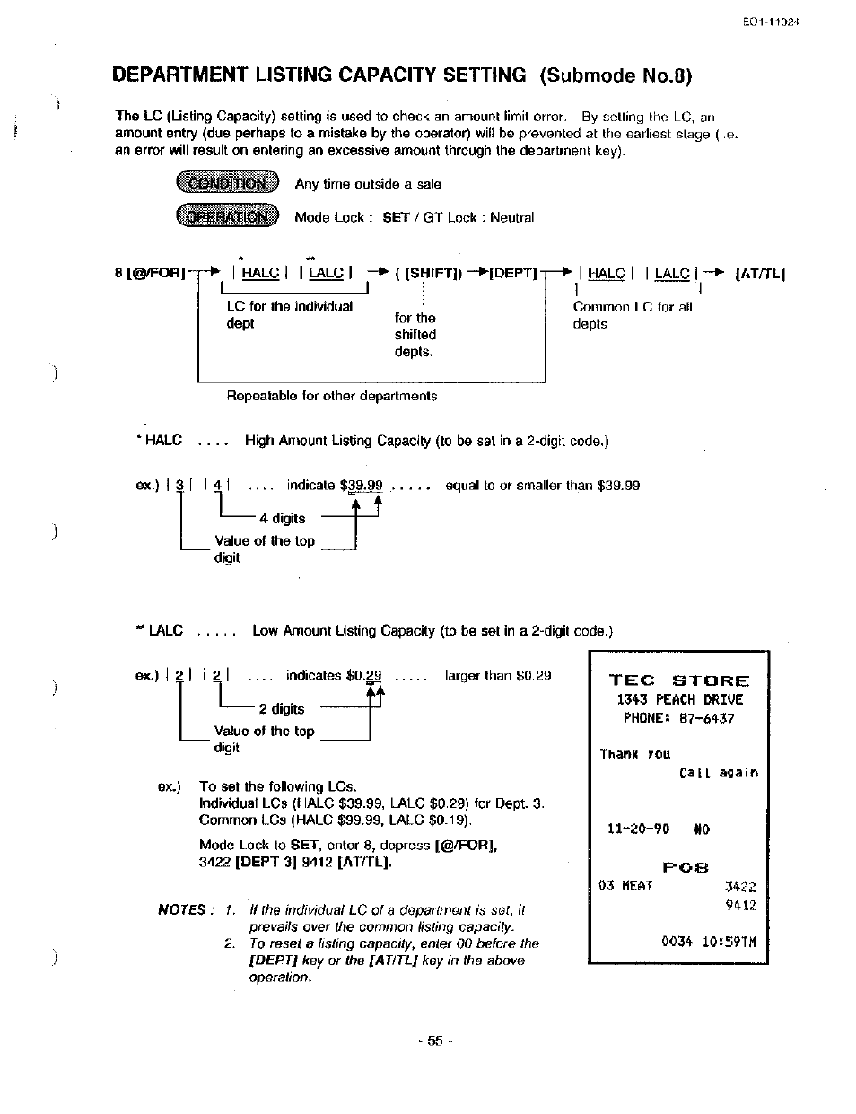 Department listing capacity setting (submode no.8), I halo i i lalc i i, Ex.) i 2 i i 2 1 | Tec store | Toshiba TEC MA-1600-100 User Manual | Page 125 / 157