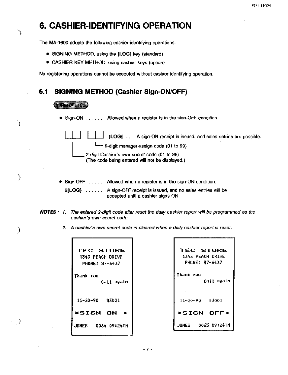 Cashier-identifying operation, 1 signing method (cashier sign-on/off) | Toshiba TEC MA-1600-100 User Manual | Page 13 / 157