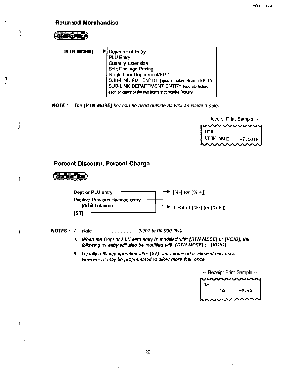 Returned merchandise, Percent discount, percent charge | Toshiba TEC MA-1600-100 User Manual | Page 29 / 157