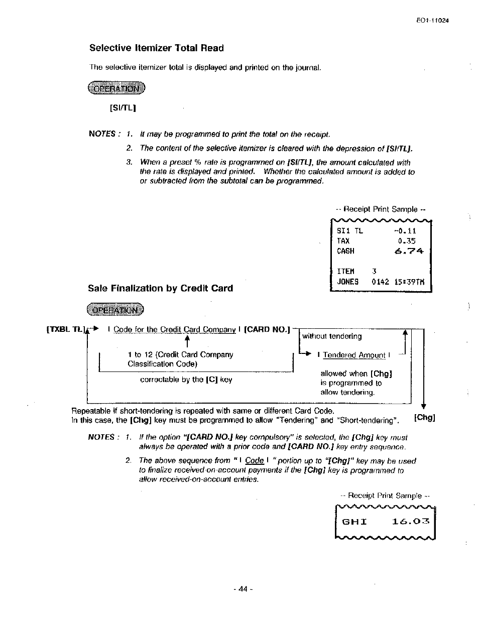 Selective itemizer total read, Sale finalization by credit card | Toshiba TEC MA-1600-100 User Manual | Page 50 / 157