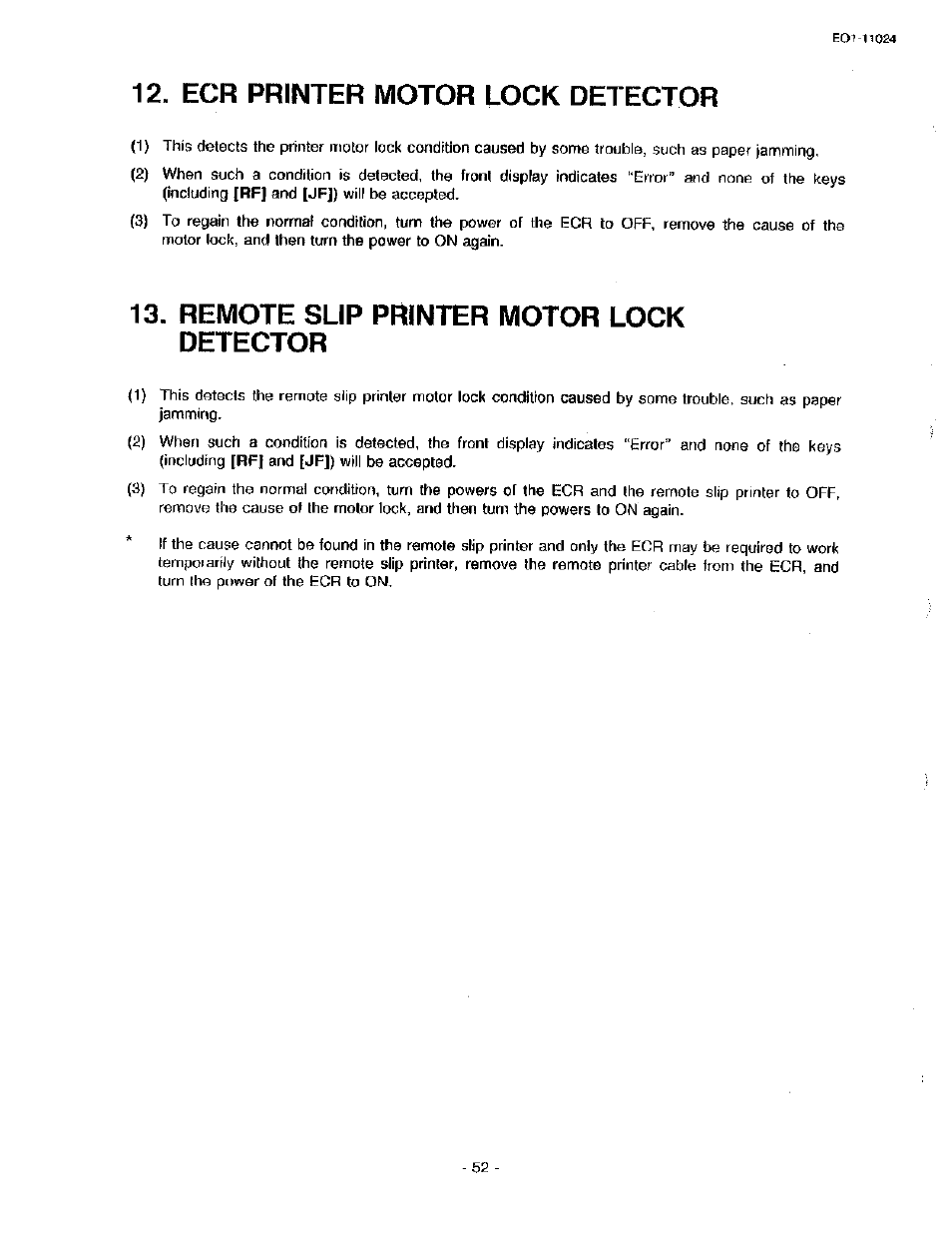 Ecr printer motor lock detector, 13, remote slip printer motor lock detector | Toshiba TEC MA-1600-100 User Manual | Page 60 / 157