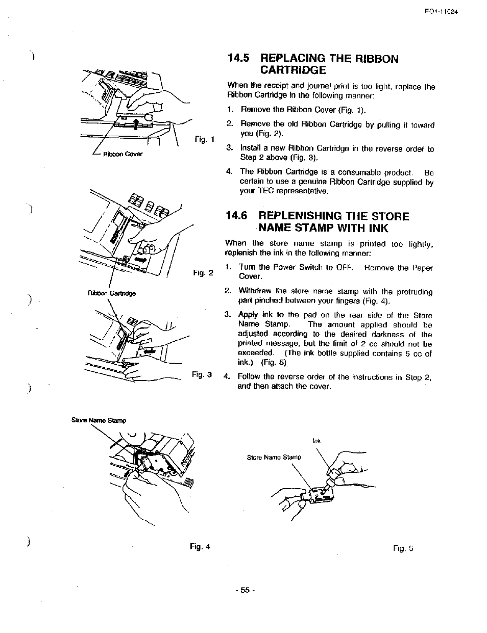 5 replacing the ribbon cartridge, 6 replenishing the store name stamp with ink | Toshiba TEC MA-1600-100 User Manual | Page 63 / 157